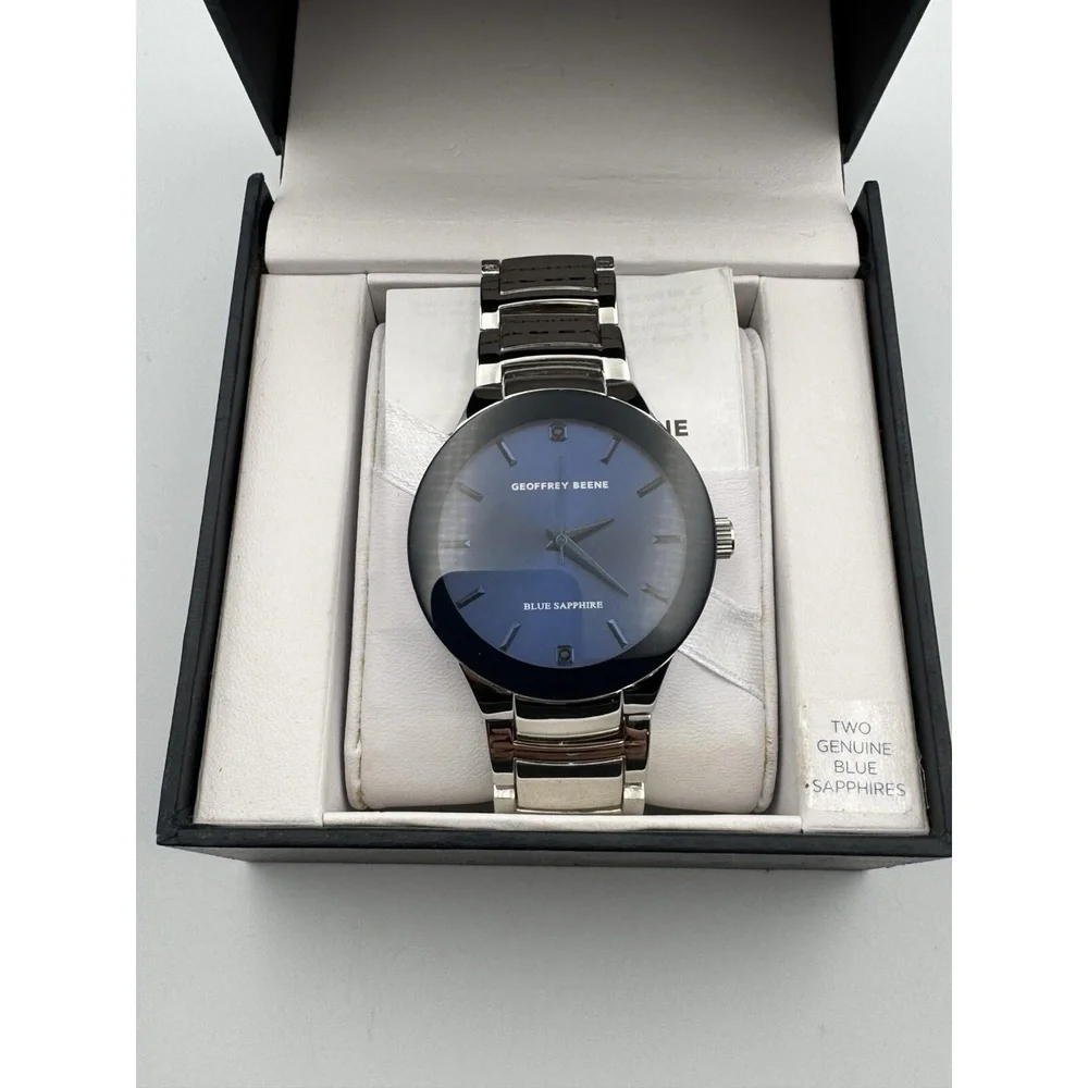 Geoffrey‎ Beene Blue Sapphire Collection Men's Watch Silver Tone WORKS GB8188SL